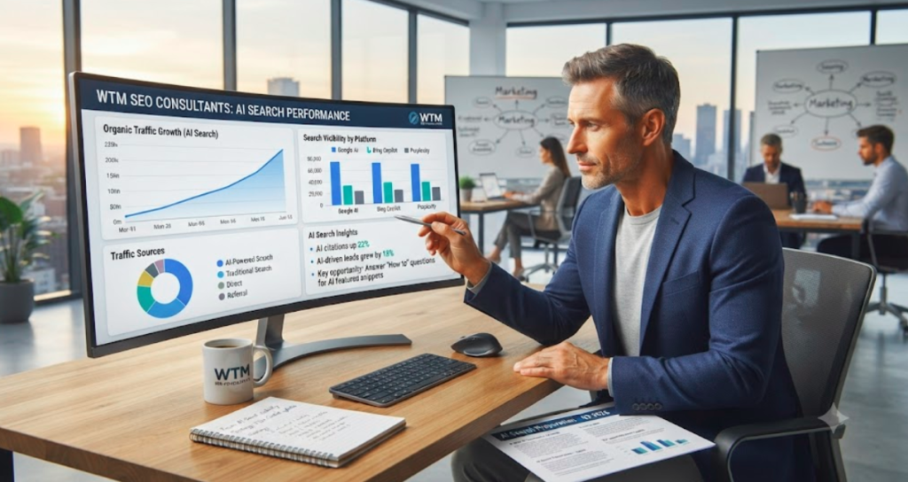 Business owner reviewing AI search optimization and website search visibility analytics.