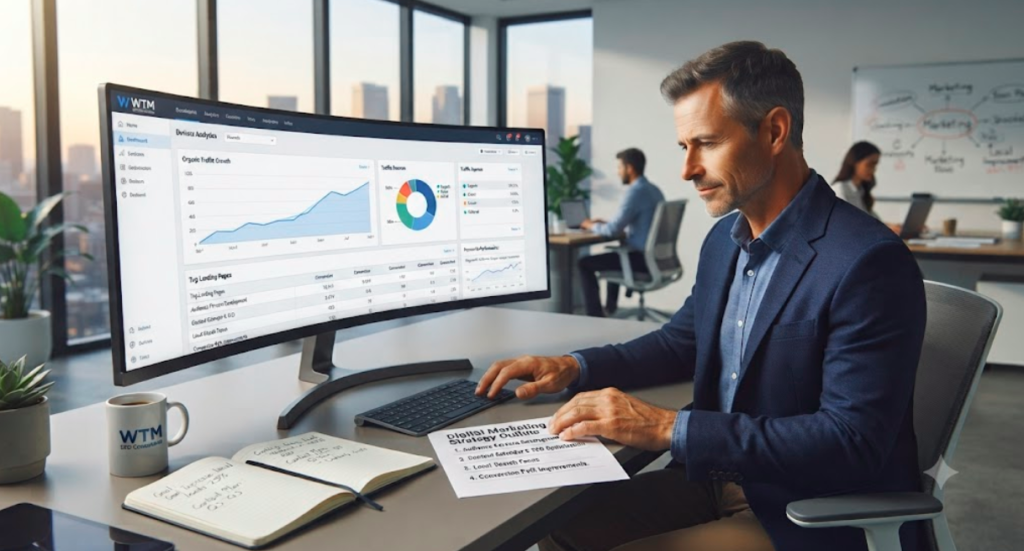 Business owner reviewing website analytics to improve online visibility and attract more customers.